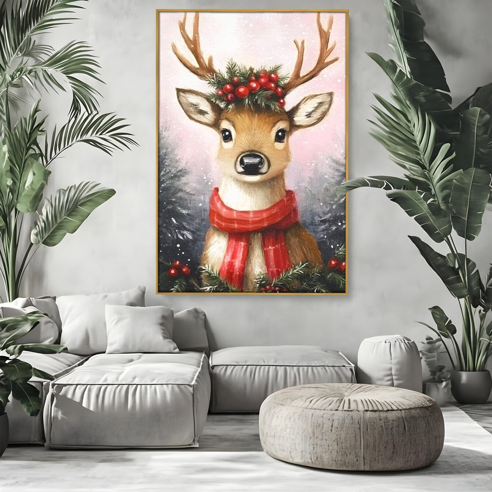 Tablou canvas cu tablou canvas cu ren festiv, in rama de aluminiu auriu, pe perete intr-un living